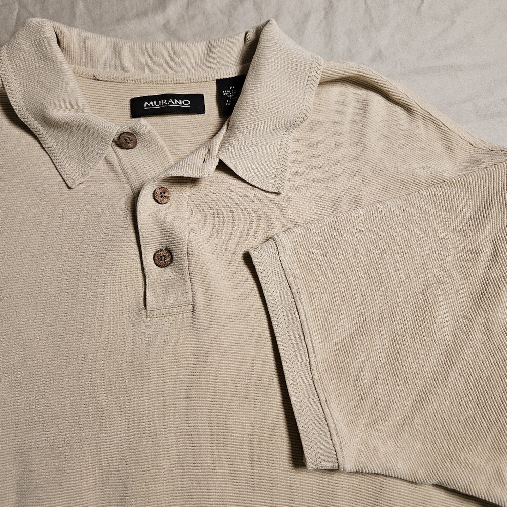 MURANO XL Polo Shirt‎ Silk Blend Ribbed Quiet Luxury Tan Beige Textured Vintage